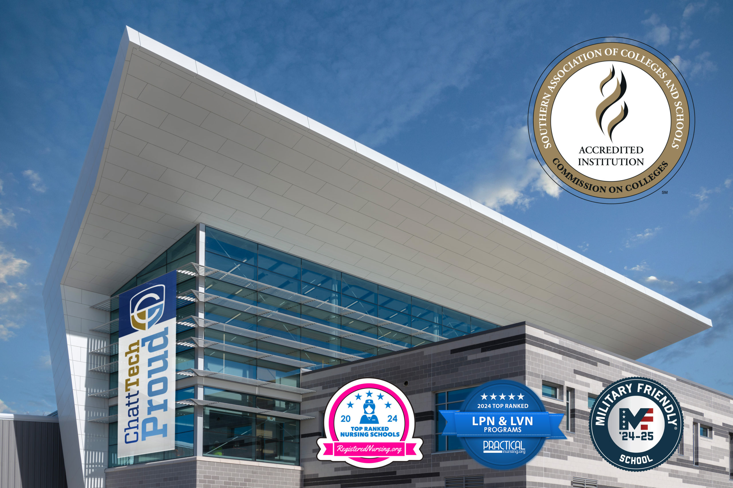 Front entrance view of Chatt Tech's Aviation Training Academy complete with logos listing Chatt Tech as the top nursing school, top ranking LPN & LVN programs, Military Friendly, and accreditation