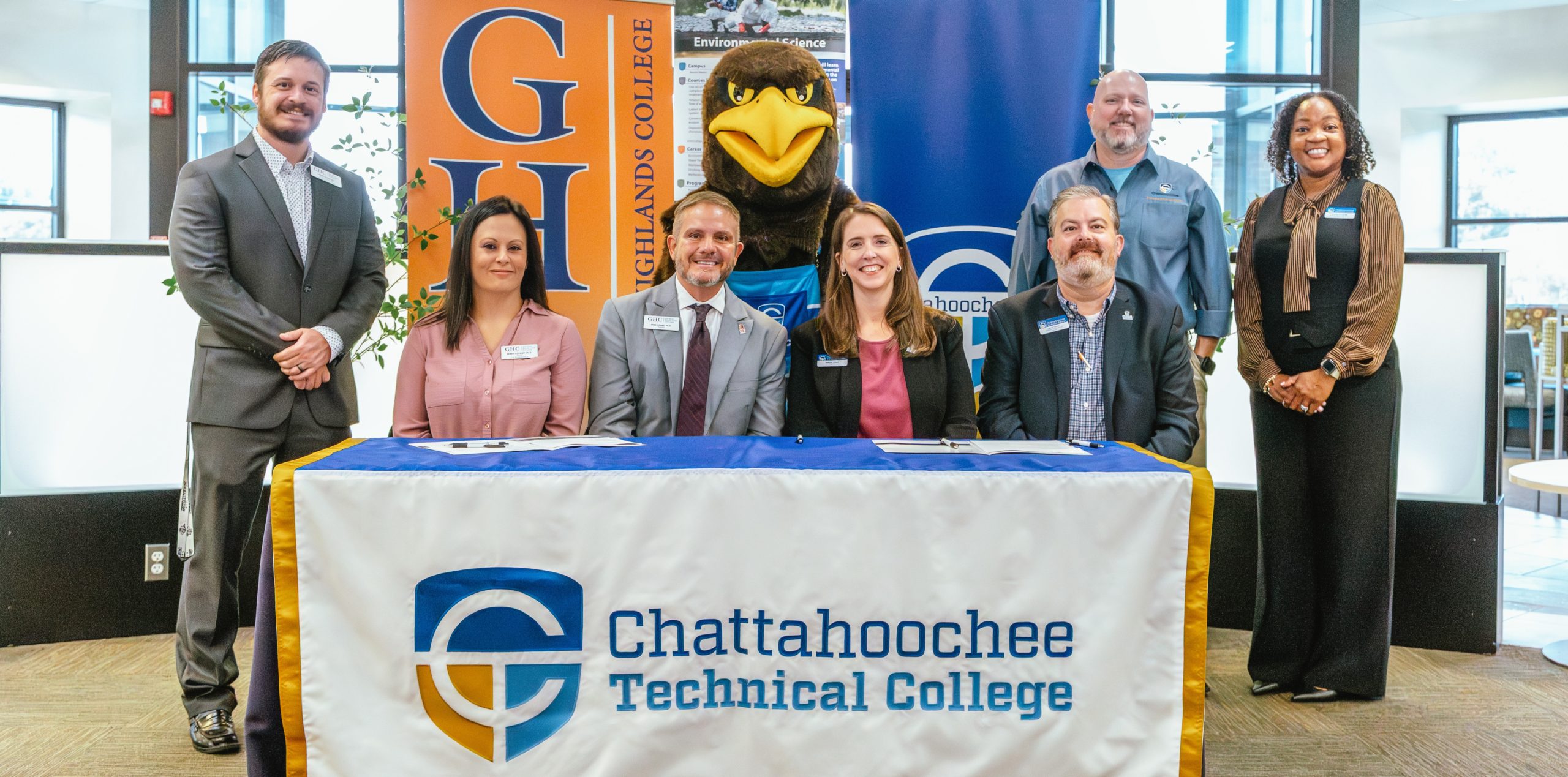Chatt Tech and GHC leaders, and Chatt Tech mascot are shown here at the signing ceremony