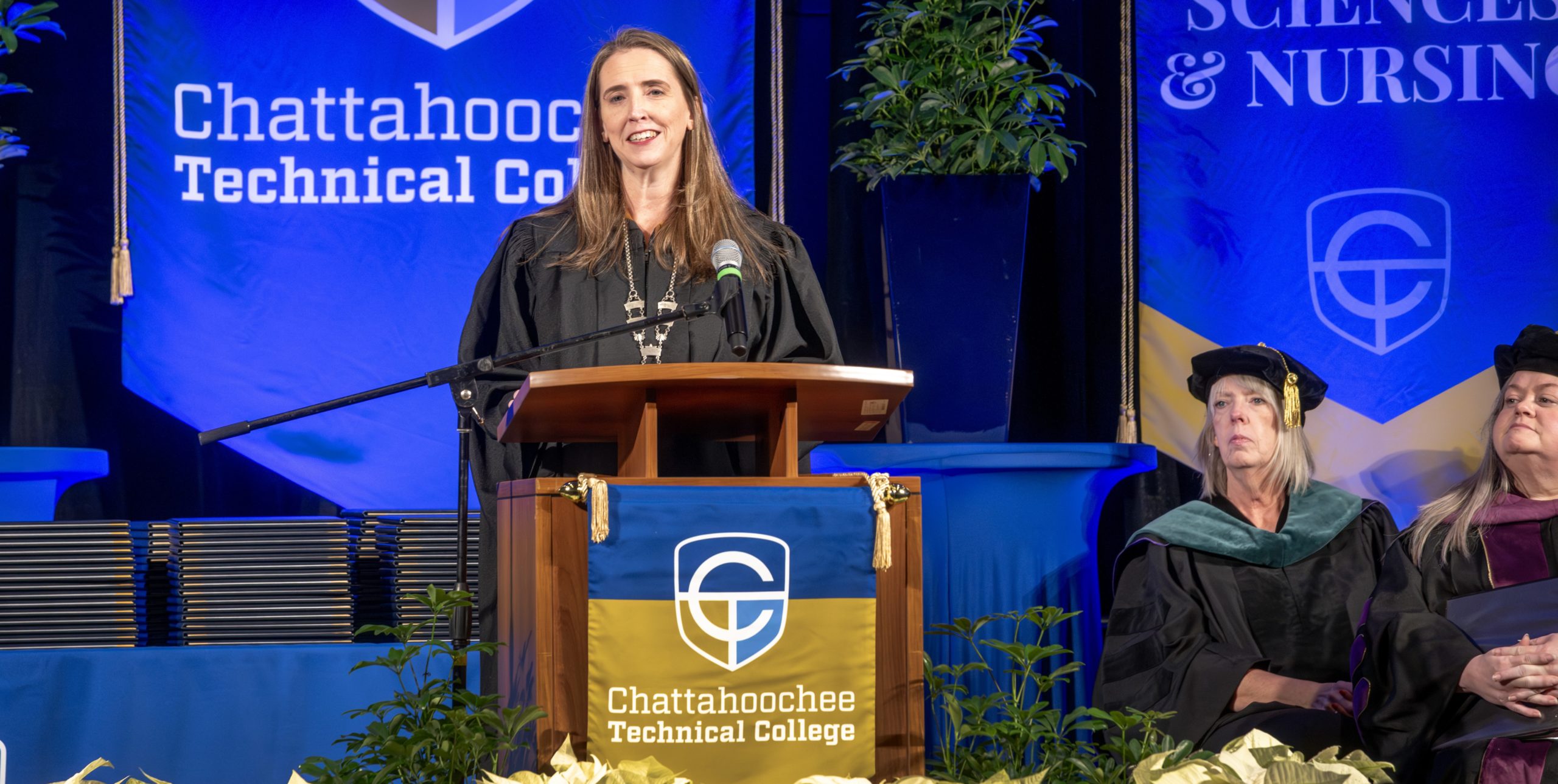 Chatt Tech President Heather Pence at podium during December 2025 Commencement Ceremony